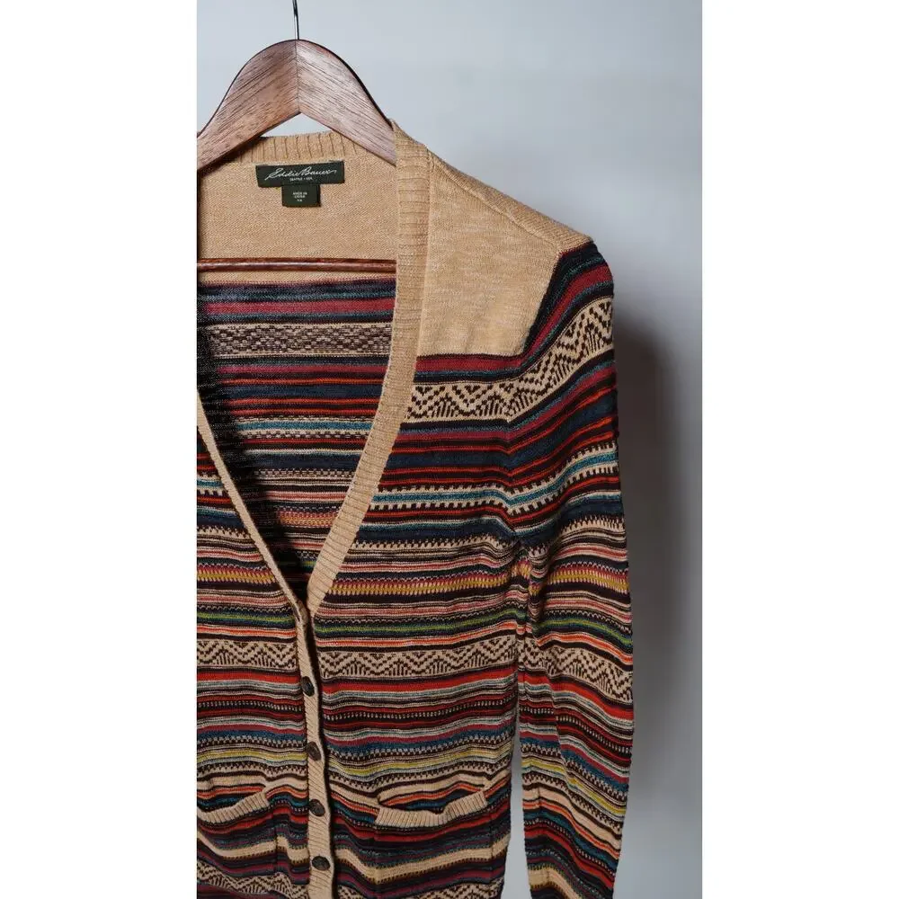 Eddie Bauer Nordic Print Tan Striped Button Down Cardigan Sweater Size XS